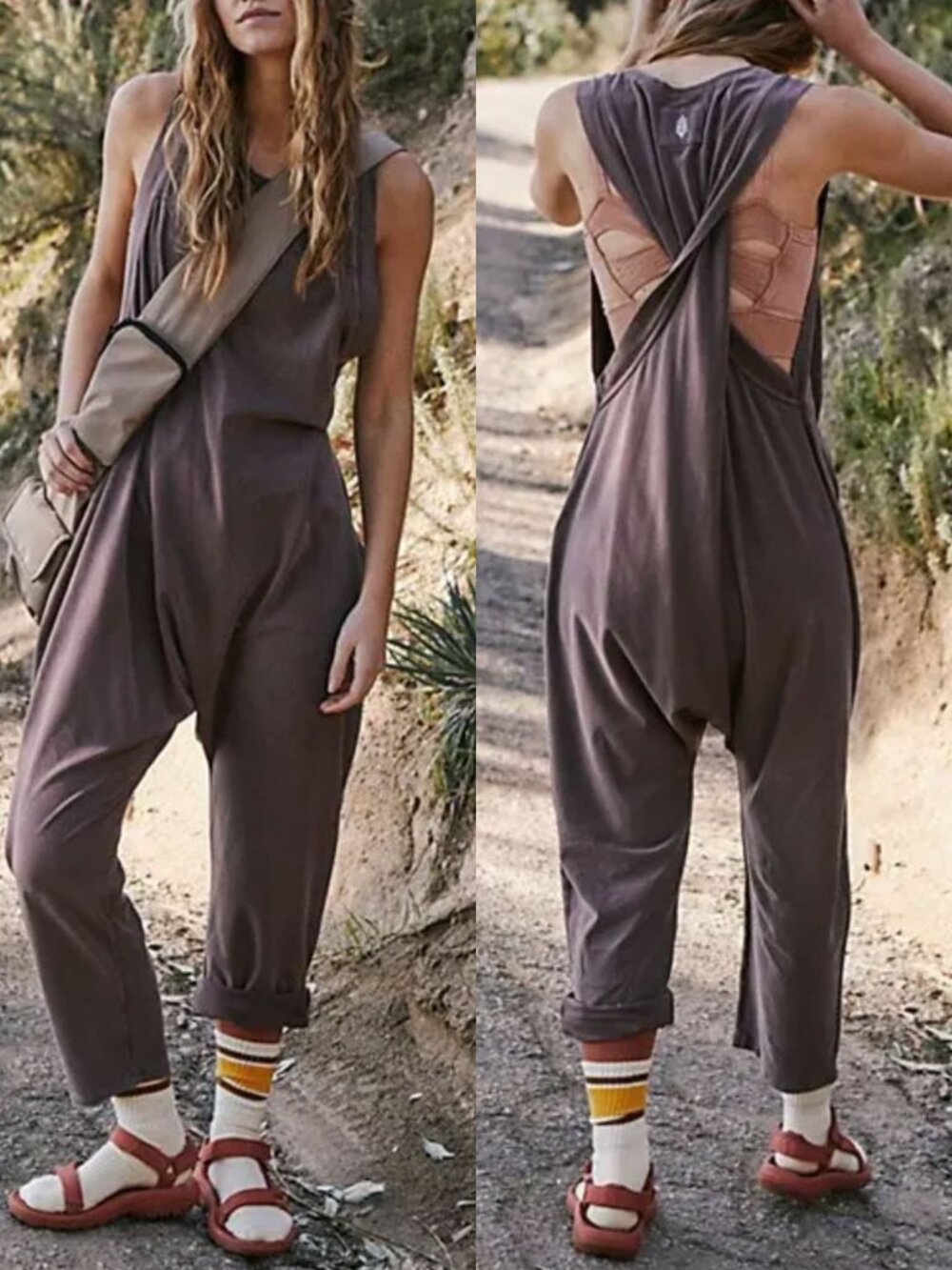 Free People Movement Hot Shot Twisted Onesie Jumpsuit in Washed Brown Small